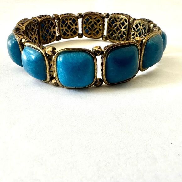 Fossil Jewelry - Fossil stretchy square blue  and gold tone bracelet